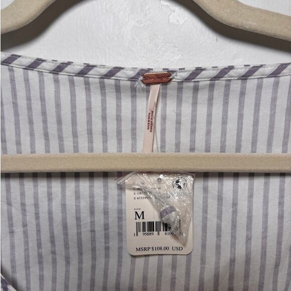 Free People Caroline Stripe Top Neutral Puff Sleeve Blouse Boat Neck Sz M NEW - Picture 9 of 9